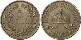 Deutsch-Ostafrika: Größte Deutsche Kupermünze: 5 Heller 1908 J, Vz. - Deutsch-Ostafrika