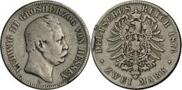 Hessen: Ludwig III. 1848-1877: 2 Mark 1876 H, Jaeger 66, Randfehler, Gereinigt, Fast Sehr Schön. - Taler & Doppeltaler