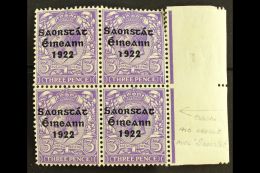 1922-23 SAORSTAT  3d Bluish Violet, Right Marginal Block Of Four, Showing NO ACCENT, SG 57a, Fresh Mint, Light... - Other & Unclassified