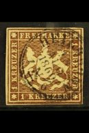 WURTTEMBERG  1859 1kr Brown Imperf Arms On Paper Without Thread, Michel 11a, Fine Used With Four Margins And Neat... - Other & Unclassified