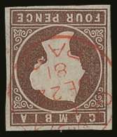 1874  4d Brown Imperf, WATERMARK INVERTED, SG 5w, Very Fine Used With 4 Margins & Crisp Red Fully- Dated Cds.... - Gambie (...-1964)
