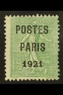 PREOBLITERES  1921 15c Green-olive With "POSTES / PARIS / 1921" Precancel, Yvert 28, Mint With Large Part... - Autres & Non Classés