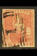 1858  6d Deep Rose Red, SG 11a, Very Fine Used With Clear Margins All Round And Neat "1" "bootheel" Cancel. For... - Barbades (...-1966)