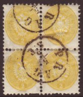1863-64  2kr Yellow Perf 9½, Michel 30, SG 45, Finely Used BLOCK Of 4 Stamps With "Prag" Cds's, Minor... - Otros & Sin Clasificación
