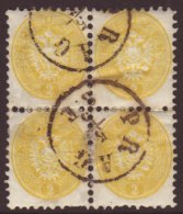 1863-64  2kr Yellow Perf 9½, Michel 30, SG 45, Finely Used BLOCK Of 4 Stamps With "Prag" Cds's, Minor... - Other & Unclassified