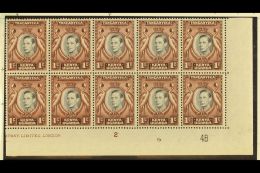 1942  1c Corner Plate Block Of Ten From Plate 4B, Showing "RETOUCHED VALUE TABLET" Variety At R9/6, SG 131ad,... - Vide