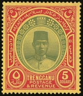 TRENGGANU  1921-41 $5 Green And Red/yellow, Watermark Mult Script CA, SG 44, Very Fine Lightly Hinged Mint. For... - Andere & Zonder Classificatie