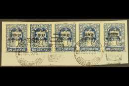 1914  1c Deep Blue Overprinted "Victoria De / TORREON / ABRIL 2-1914", Scott 362, STRIP OF FIVE On Piece, Tied By... - Mexico