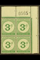 POSTAGE DUES  1950 3d Green, Sheet Number, Corner Block Of 4, SG D3, Never Hinged Mint, Few Split Perfs At Top.... - Nyassaland (1907-1953)