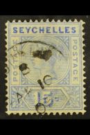 1897-1900  15c Ultramarine, Repaired "S", SG 30, Fine Cds Used. For More Images, Please Visit... - Seychelles (...-1976)