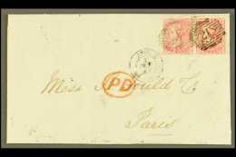 1857  (Oct) Neat Entire Letter To Paris, Bearing Horizontal Pair Of 4d Rose, SG 66, Tied By "21" London Cancels,... - Altri & Non Classificati