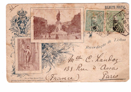 Portugal 1902 Timbre Perforé 2 Timbres Perforés Sur Carte Postale Recordaçao De Lisboa à Destination De La France - Brieven En Documenten