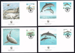 1990 Guernsey - Seal, Dolphin, Shark, Porpoise - Set Of 4 WWF FDCs - Guernsey
