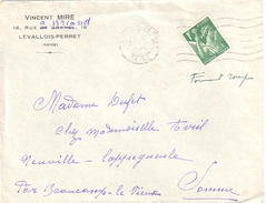 3916 LEVALLOIS PERRET Lettre Entête Vincent Mire  Ob 26 11 1939 Iris  1 F Vert Yv 432 - Briefe U. Dokumente