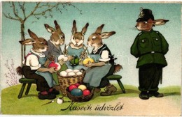 T2/T3 Húsvéti üdvözlet / Easter Greeting Card With Rabbits Painting Eggs, Litho - Non Classificati