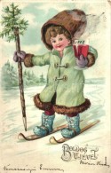 T2/T3 Boldog Újévet / New Year, Skiing Child With Drink, Ser. 252. No. 325. Litho (Rb) - Unclassified