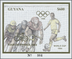 Thematik: Sport-Radsport / Sport-cycling: 1993, Guyana. Lot Of 100 GOLD Blocks $600 Olympic Games Atlanta 1996 Overprint - Radsport