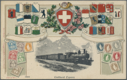 Schweiz: 1900 Ca.: Fünf Verschiedene Ansichtskarten Mit Abbildungen Alter, Schweiz. Briefmarken Sowie Ansichten 'Go - Sammlungen