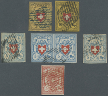 Schweiz: 1850: Sieben Gestempelte Rayonmarken, Dabei Zwei Rayon II (blaue Bzw. Schwarze Raute), Zwei Einzelmarken Und Ei - Sammlungen