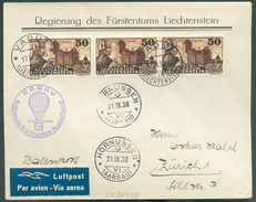 Service N°6 (bande De Trois) Obl. Dc VADUZ Sur Lettre Par Avion Vers Zürich 17-IX-1938 + Dc HORNUSSEN (21-IX) Et C Bleu - Dienstmarken