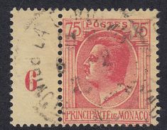 MONACO - 1926 - Yvert 91 Usato; 75 Centesimi, Rosa Su Carta Paglia Con Numero 6 (Millésime) Su Banda Laterale. - Varietà