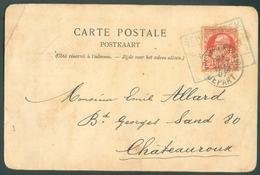 N°74 Perforé B.I, Annulé Apr La Griffe Encadrée Bleue SCHAERBEEK RECETTES (RR) Sur C.P. Du 21 Sept. 1907 Vers Chateaurou - 1905 Grosse Barbe