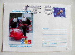 Postal Stationery Cover Sent From Romania 2002 Olympic Games Salt Lake City Special Cancel Atm Machine Prasov Bobsleigh - Covers & Documents