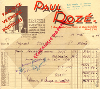 49-  ANGERS- FACTURE PAUL ROZE- FAIENCE VERRERIE BOUTEILLES BOUCHONS CLOCHES A JARDIN-1941 - Petits Métiers