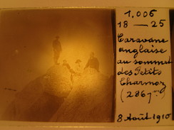 Photo Stéréoscopique - Caravane Anglaise Au Sommet Des Petits Charmoz - 1910 - Chamonix - Très Animée - Diapositivas De Vidrio