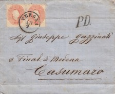 LETTRE. LOMBARDO-VENETIE.  18 9 1862. PAIRE 5 SOLDI. VERONA PD POUR CASUMARO. MODENA. FINALE DI MODENA. CASUMARO FERRARA - Lombardo-Vénétie