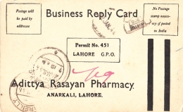 India  1946  Business Reply Card  LAHORE / DUE  Bareilly To Lahore  ( Pakistan )  # 95232   Inde Indien - 1936-47 King George VI