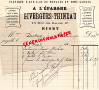 79- NIORT - FACTURE GIVERGUES THINEAU- FABRIQUE ARTICLES MENAGES- A L' EPARGNE- CHAUDRONNERIE-10 RUE DES HALLES- 1880 - Straßenhandel Und Kleingewerbe