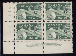 Canada MNH Scott #O45 'G' Overprint On 20c Paper Industry Plate #2 Lower Left Corner - Surchargés