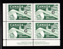 Canada MNH Scott #O45 'G' Overprint On 20c Paper Industry Plate #2n Lower Left Corner - Aufdrucksausgaben