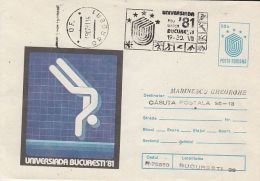 61187- WORLD UNIVERSITY GAMES, SWIMMING, COVER STATIONERY, 1981, ROMANIA - Schwimmen