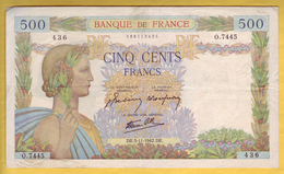 BILLET FRANCAIS - 500 Francs La Paix 5.11.1942 TTB - 500 F 1940-1944 ''La Paix''