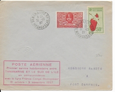 MADAGASCAR - 1937 - 1° VOL TANANARIVE => SUD DE L'ILE (LIGNE FRANCE CONGO MADAGASCAR) - ENVELOPPE => FORT DAUPHIN - Lettres & Documents