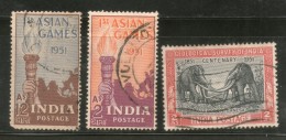 India 1951 Used Year Pack Of 3 Stamps Geological Survey Aisian Games Elephant - Volledig Jaar