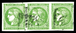 O N°42B, 5c Vert Sur Bleuté, Bande De 3 Horizontale. SUP (signé Calves/certificat)   Cote: 800... - 1870 Uitgave Van Bordeaux