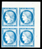 * N°37f, 20c Bleu IMPRESSION DE GRANET Non Dentelé En Bloc De Quatre Coin De Feuille, SUPERBE... - 1870 Assedio Di Parigi