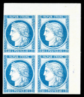 * N°37f, 20c Bleu IMPRESSION DE GRANET Non Dentelé En Bloc De Quatre Coin De Feuille, SUPERBE... - 1870 Belagerung Von Paris