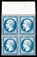 ** N°22, 20c Bleu En Bloc De Quatre Bord De Feuille Supérieur, FRAÎCHEUR POSTALE, TRES BON... - 1862 Napoléon III