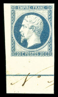 * N°14Ai, 20c Bleu Laiteux, Quasi **, Coin De Feuille Avec Filet D'encadrement, SUPERBE (signé... - 1853-1860 Napoléon III.