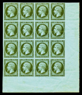 ** N°11, 1c Olive, Bloc De 16 Exemplaires Coin De Feuille Integral, Léger Pli Sur 4ex, Fraîcheur... - 1853-1860 Napoleon III