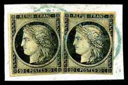 O N°3, 20c Noir, Deux Exemplaires Obl Petit Cachet à Date Bleu Type 15 De Paris Sur Support. SUPERBE.... - 1849-1850 Ceres