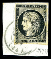 O N°3, 20c Noir Obl T15 De St Malo 2 Janvier 1849 Sur Son Support. SUP. R.R. (signé Calves/certificats) ... - 1849-1850 Ceres