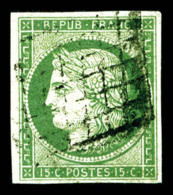 O N°2a, 15c Vert Clair, Obl Grille, TB (certificat)   Cote: 1100 Euros   Qualité: O - 1849-1850 Ceres