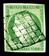 O N°2, 15c Vert Obl Grille, TB (signé Brun/Calves/certificat)   Cote: 1000 Euros   Qualité: O - 1849-1850 Cérès