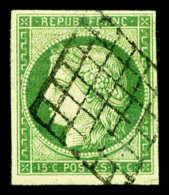 O N°2, 15c Vert, Oblitération Grille, TTB (signé Scheller/certificat)   Cote: 1000 Euros  ... - 1849-1850 Ceres