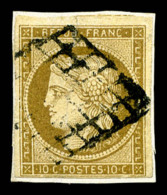 O N°1, 10c Bistre Obl Grille Sur Petit Fragment, TB (certificat)   Cote: 340 Euros   Qualité: O - 1849-1850 Cérès